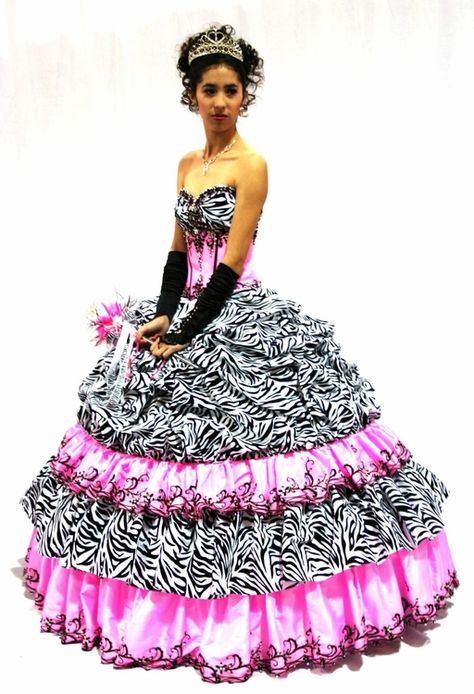 This was the dress Trish wore in Club Owners & Quinceaneras! Y2k Quince, 2000s Dresses, Printed Bridesmaid Dresses, Cheap Gowns, Pretty Quinceanera Dresses, Quince Dress, Zebra Print Dress, Zebra Dress, Prom Dresses Gowns