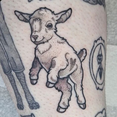 Tattoo Snob | Baby Goat tattoo by @ginger_cnut_tattoo at @summerluvintattoo in Wigan, Lancashire, England | Instagram Baby Goat Tattoo, Sheep In Wolves Clothing, Goat Tattoo, Lamb Tattoo, Sheep Tattoo, Wolf Clothing, Capricorn Tattoo, Goat Skull, Baby Goat