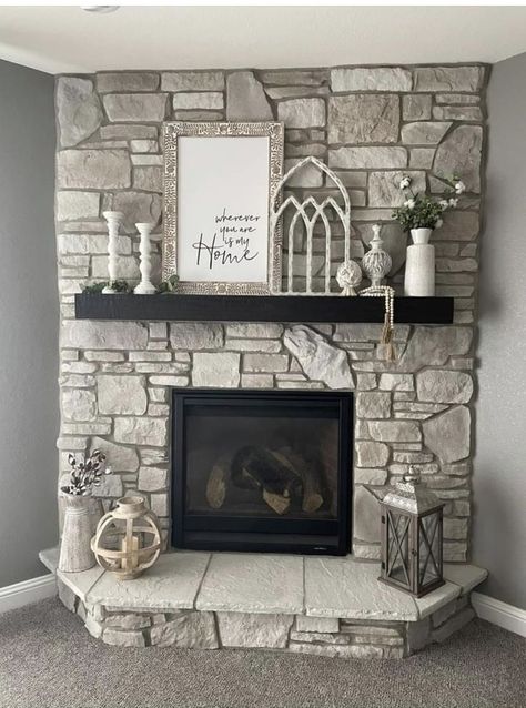 Pin by Charolette Cockerham on Decorating in 2022 | Brick fireplace makeover, Fireplace mantle decor, Farmhouse fireplace decor Farmhouse Living Room With Fireplace Decorating Ideas, Living Room With Chimney Decor, Fireplace Decor French Country, Decor For Stone Fireplace, Rustic Fireplaces Farmhouse Style Shiplap, Classy Fireplace Decor, Fireplace Floor Decor Ideas, Stone Mantel Decorating Ideas, Stone Fireplace Mantel Decorating Ideas