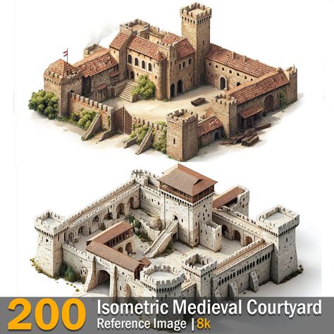 Isometric Medieval Courtyard | Reference Images | 8k,  on ArtStation at https://www.artstation.com/artwork/DLLKJO Medieval Castle Courtyard, Medieval House Blueprints, Medieval Homestead, Medieval Castle Concept Art, Medieval Village Layout, Enshrouded Build, Medieval City Concept Art, Medieval Workshop, Alchemist Laboratory