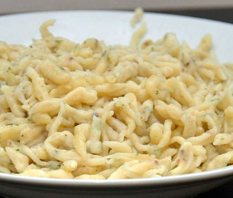 DILL SPAETZLE || flour, dill, egg  milk, 1 teaspoon Dijon mustard 1 teaspoon whole grain mustard Speatzle Recipe, Spaetzle Recipe, Glazed Pork, Best Pasta Recipes, New Food, James Beard, Exotic Food, Joy Of Cooking, Red Cabbage