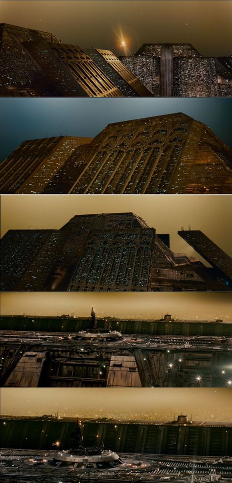 The technologically sublime: the Tyrell Corporation in the futuristic dystopia Blade Runner 1982 Blade Runner 1982 Cinematography, Corporate Dystopia, Bladerunner 1982, Corporation Building, Futuristic Dystopia, Tech Noir, Tyrell Corporation, Blade Runner 1982, Syd Mead