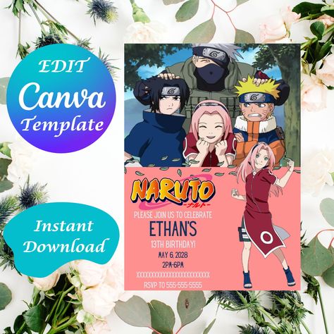 This is a canva template that is free to edit. Check out the shop below! Naruto Birthday, Anime Kid, Anime Birthday, Kid Naruto, Birthday Invitation Template, Anime Child, 13th Birthday, Naruto Anime, Naruto Shippuden Anime