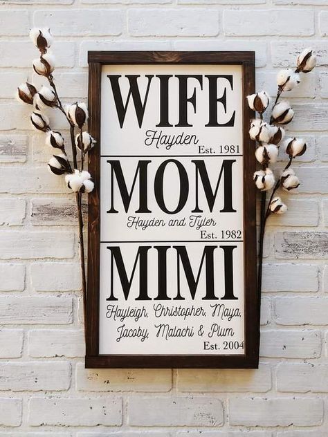 Wife Mom Mimi established sign | Nana | Grandmother | Grandma | Customizable | Personalized | Framed wood sign | Farmhouse | Gift for her Grandma Diy, Grandma Sign, Grandmas Mothers Day Gifts, Established Sign, Diy Crafts For Adults, Friends Diy, Personalised Frames, Diy Mothers Day Gifts, Mom Diy