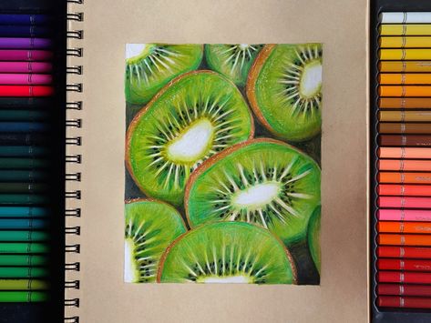 Kiwi Fruit Drawing, Kiwi Drawing, Chocolate Drawing, Colour Studies, Fruit Drawing, Chalk Pastel Art, Chalk Pastel, Colour Pencil, Kiwi Fruit