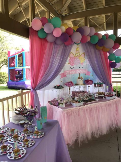 Unicorns Birthday Party Ideas | Photo 9 of 31 | Catch My Party Birthday Park Food Ideas, Pavillion Party Ideas, Outside Park Birthday Party Ideas, Pavillion Birthday Party Ideas, Unicorn Set Up Ideas, Unicorn Birthday Party Decorations Ideas, Pavilion Birthday Party, Unicorn Birthday Party At The Park, Park Pavilion Birthday Party