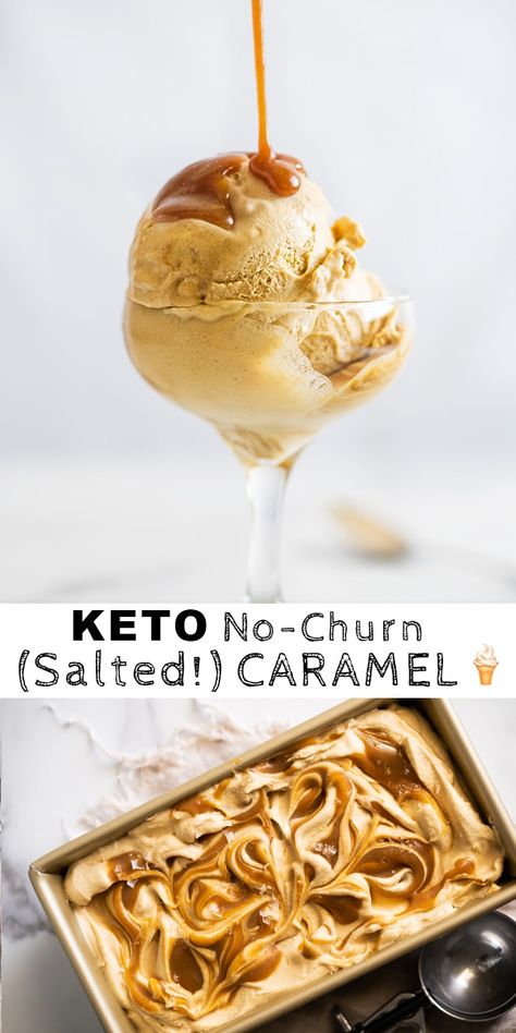 (No-Churn!) Keto Salted Caramel Ice Cream #keto #icecream #caramel #lowcarb #sugarfree Ice Cream Keto, Keto Salted Caramel, Pecan Desserts, Salted Caramel Ice Cream, Low Carb Ice Cream, Caramel Ice Cream, Keto Ice Cream, Low Carb Dessert, No Churn Ice Cream