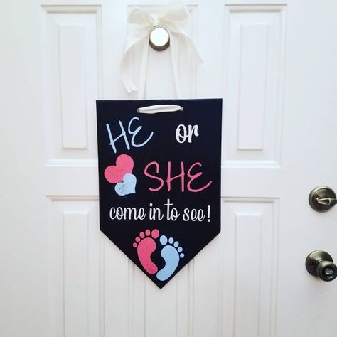 Hand painted wood sign - measures approx 12x 16 Painted black with Baby Blue & Pink Lettering. Sealed with 2 coats of polyurethane for a long lasting beautiful finsh. Satin Ribbon/Bow attached for east hanging. Perfect for your Baby Shower & Gender Reveal 💙👶💖 #baby #babyshower #genderreveal #babyshowerdecor Gender Reveal Signs, Gender Reveal Party Theme, Paper Quilling Cards, Baby Reveal Party, Team Pink, Gender Reveal Party Decorations, Gender Reveals, Baby Gender Reveal Party, Baby Shower Sign