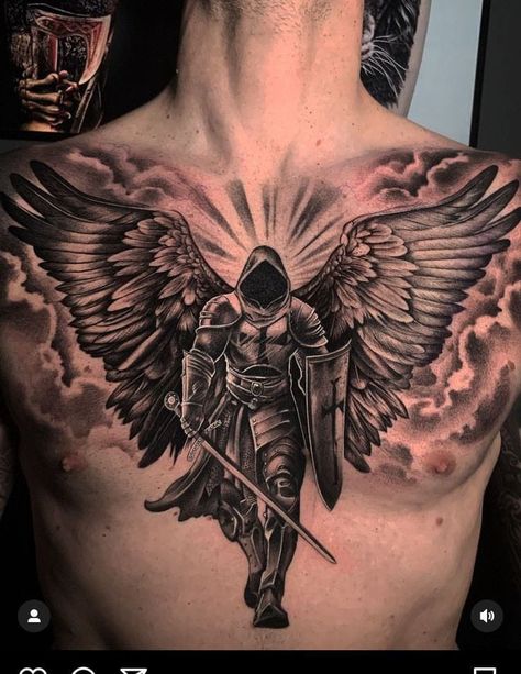 Tattoo On The Chest For Men, Chest Tattoos For Men Small, Men S Tattoo Chest, Angel Chest Tattoo Men, Angel Tattoo Back, Chest Tattoo Man, Chest Tattoos Men, Warrior Angel Tattoo, Best Chest Tattoos For Men