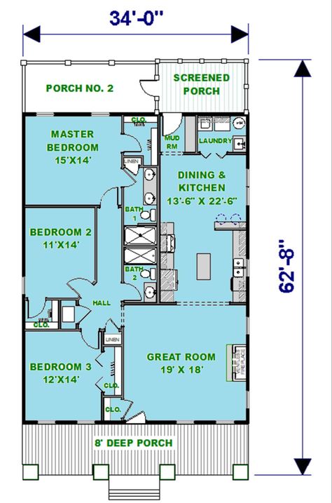 Mudroom Floor Plan, Wooden House Plans, Casita Ideas, Country Style Bedroom, Narrow House Plans, Narrow Lot House, Narrow Lot House Plans, House Plans 3 Bedroom, Ranch Style House Plans