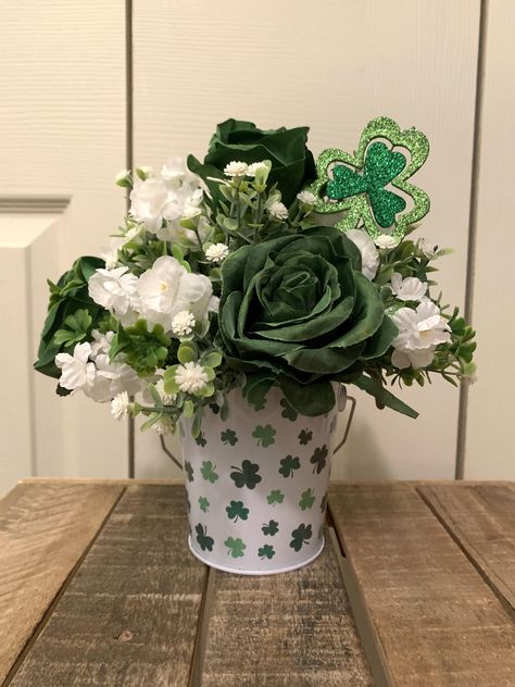 St Patricks Day Flowers Arrangements, St Patrick's Day Floral Arrangements, Greenhouse Management, Okie Girl, St Patricks Decorations, Easter Floral Arrangement, Metal Pail, Green Roses, Artificial Floral Arrangements