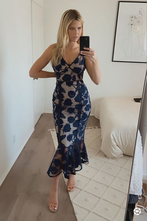 Wedding guest outfit idea for a semi formal, formal, or black tie optional look. Mirror selfie with me wearing a navy blue lace midi dress with a nude underlay. The dress flares out at the bottom in a fishtail manner. Super elegant. Blue Lace Dress Wedding Guest, Navy Dress Nude Heels, Navy Lace Dress Outfit Wedding, Navy Lace Dress Outfit, Navy Blue Dress Outfit Wedding, Blue Dress Wedding Guest, Nude Heels Outfit, Navy Blue Dress Outfit, Ash Wed