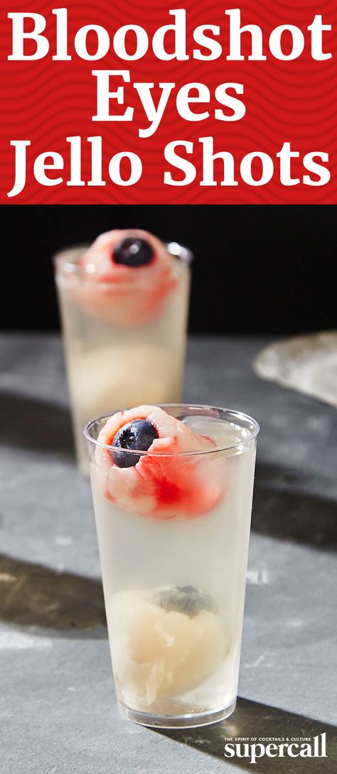 If you can’t shake the eerie feeling that someone is watching you this Halloween, don’t worry; it’s probably just these Bloodshot Eyeball Jello Shots. Lychees, blueberries and grenadine create simple edible eyeballs, which are set in a jello mixture that tastes just like a Lychee Martini (made with vodka, lychee syrup and white cranberry juice). Eyeball Jello Shots, Eyeball Jello, Edible Eyeballs, Lychee Syrup, Cookie Houses, Halloween Recipes Drinks, Cupcake Crafts, Lychee Martini, Bloodshot Eyes