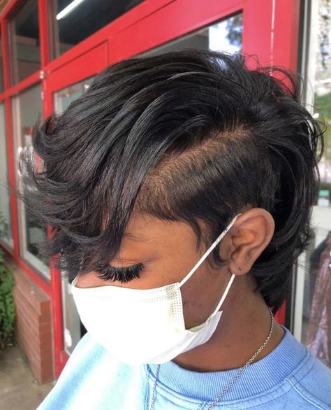 Short Relaxed Hairstyles Shaved Sides, Pixie Bob Haircut Black Women, Long Pixie Haircut For Black Women, Short Sassy Hair Black Women, Faux Hawk Haircut, Black Mohawk Hairstyles, Hawk Haircut, Short Hair Mohawk, Finger Waves Short Hair