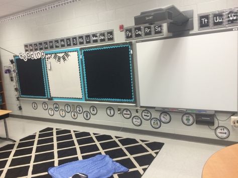 Love the black/white/turquoise.  Student work will really pop on these bulletin boards. Black Bulletin Board, Black And White Bulletin Board Ideas, Turquoise And Black Classroom, Black And White Classroom, Classroom Color Scheme, Classroom Arrangement, School Tool, Classroom Decor Themes, First Year Teachers