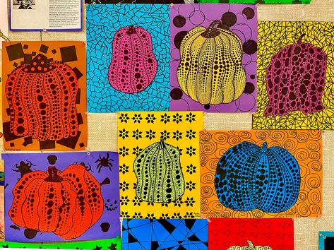 Pumpkin Art Project 5th Grade, Line Art Pumpkin, Yayoi Kusama Art Lesson, Dotted Pumpkins, 5th Grade Art Projects, Pumpkin Art Project, Pumpkin Lessons, Pattern Repetition, Yayoi Kusama Pumpkin