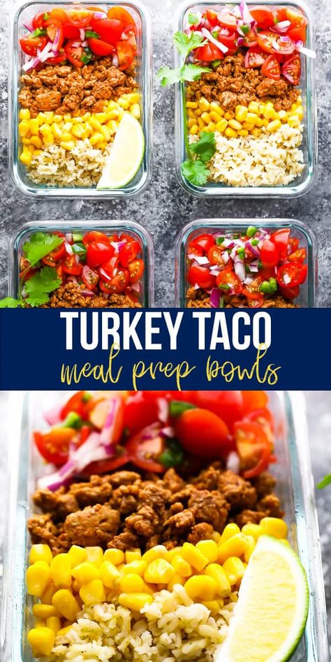 These turkey taco meal prep bowls with turkey taco meat, corn, pico de gallo and brown rice are simple, but filling. Make them ahead for four delicious lunches. #sweetpeasandsaffron #mealprep #healthy #lunch #recipes #makeahead Turkey Taco Meal Prep, Taco Meal Prep, Corn Pico, Bowls Healthy, Iifym Recipes, Taco Meal, Turkey Taco, Prep Lunch, Turkey Tacos