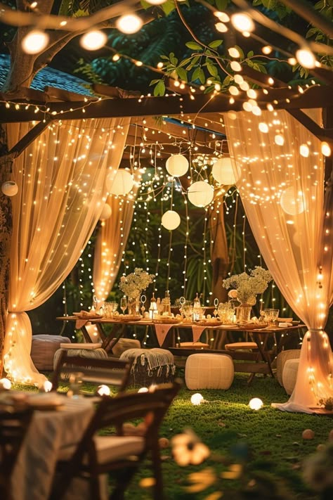 31 Stunning Backyard Occasion Concepts to Impress Your Visitors in 2024- #Beautiful #Garden #Guests #Ideas #Impress #Party Check more at https://howcandothis.com/weddingideas/31-stunning-backyard-occasion-concepts-to-impress-your-visitors-in-2024/ Garden 15 Party, Fairy Lights Set Up, Party In Backyard Ideas, Fairy Outdoor Decor, Outdoor Enchanted Forest Party, Outdoor Patio Birthday Party Ideas, Small Wedding Garden, 18th Birthday Outdoor Party Ideas, Outdoor Formal Dinner Party