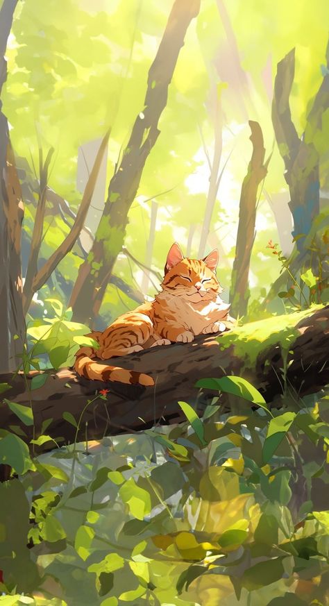 Cute Animal Art Wallpaper, Cat In Forest Drawing, Cat Art Wallpaper, Cute Wallpaper Iphone, Animal Wallpapers, 동화 삽화, طابع بريدي, Cat Hacks, Image Chat