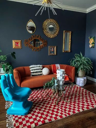 12 Colors That Go With Navy Blue | Hunker Colors For Rooms, Natural Light Room, Blue Home Offices, Lots Of Natural Light, All White Room, Teal Sofa, Navy Walls, Navy Blue Walls, Dark Wood Cabinets