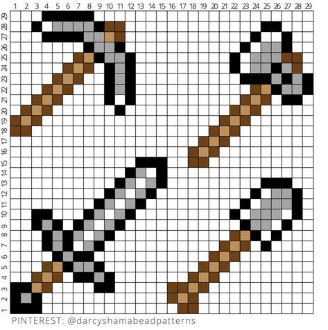 MInecraft Weapons Pattern 29x29 #weapons #sword #pick #axe #shovel #minecraft #hamabeads #hamabeadpattern #perler #perlerbeads #pyssla #pixel #pixelart #pattern #crossstitch #fusebeads Minecraft Hunger Bar Pixel Art, Perler Bead Patterns 29x29, Minecraft Swords Diy, 29x29 Perler Bead Patterns, Minecraft Items Pixel Art, Perler Bead Minecraft, Minecraft Beads, Minecraft Pattern, Pixel Art Minecraft