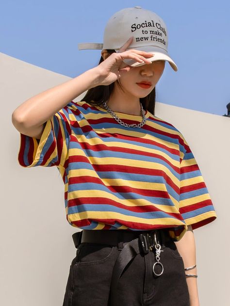 Multicolor Casual  Half Sleeve Cotton Striped  Embellished Slight Stretch  Women Tops, Blouses & Tee Striped Top Outfit, Stripy Tops, Striped Shirts, Drop Shoulder Tee, Striped T Shirt, Casual Style Outfits, Striped Blouse, Dream Clothes, Striped Tee