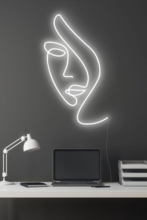 Neon Wall Design, Neon Light Wall Decor, Face Neon Sign, Woman Face Art, Exhibition Signage, Neon Light Wall, Light Wall Decor, Art Neon Sign, Business Decoration