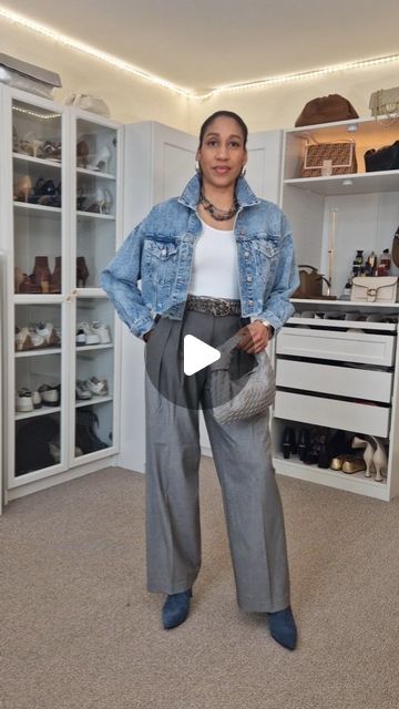 Jacque | Fashion & Beauty on Instagram: "7/10 Spring Outfit Ideas 🩶  Today, styling grey and blue with wide leg trousers, a bodysuit, a blue denim jacket,  blue ankle boots, and a grey bag, the accessories are my favourites 😍   #outfitideasforyou #stylingtips #classicstyles #streetstyles #outfitgoal #simplelook #fashionreelscreator #fashionreel #reelfashion #wearables #dailyreels #whattoweartoday" Grey And Blue Outfits For Women, Grey Trousers Outfit Women, Grey Denim Outfit, Denim Trousers Outfit, Grey Trousers Outfit, Blue Ankle Boots, Trouser Outfit, Spring Outfit Ideas, What To Wear Today