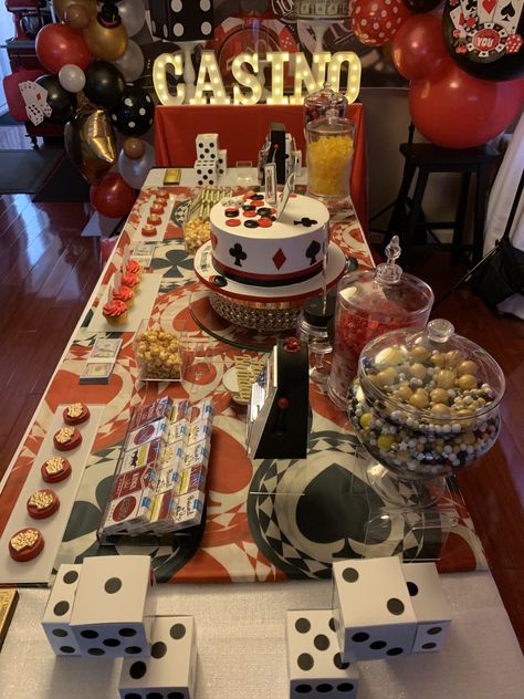 Casino Night At Home Parties, 18th Birthday Casino Party, Casino Theme Party Treats, 40th Birthday Ideas For Men Party Themes Casino Night, Casino Charcuterie Board, Vintage Casino Aesthetic, Casino Dessert Table, Casino Theme Party Games, Casino Night Party Decorations