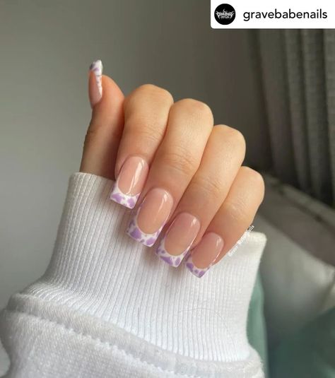 Lavender Cow Print Nails, Purple And White French Tip Nails, Nails 23, Gelpolish Nails, Purple Cow, White French Tip, Nails Summer, French Tip Nails, Summer Beauty