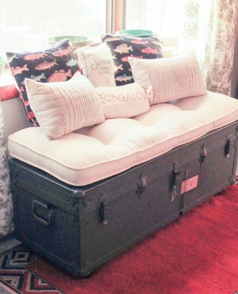 Suitcase Decor - Unusual Home Decor Ideas • One Brick At A Time Trunk Makeover, Bedroom Storage Ideas, Diy Pouf, Suitcase Decor, Vintage Side Tables, Metal Trunks, Diy Ottoman, Old Trunks, Unusual Home