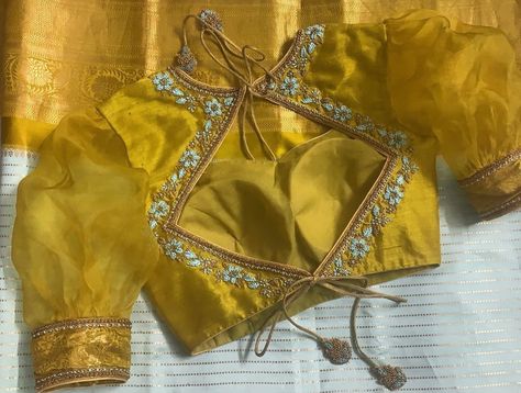 Net Sadi Blouses, Yellow Saree Blue Blouse Maggam Work, Haldi Blouse Design, Yellow Colour Blouse Designs, Yellow Blouse Design, Yellow Blouse Designs, Maggam Blouses, Lace Blouse Design, Blouse Designs High Neck