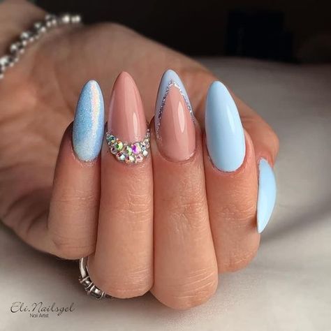 Stones and Glitters on Light Blue and Nude Nails Almond Shape Nails Designs, Pale Nails, Almond Shaped Nails Designs, Flamingo Nails, Long Almond Nails, April Nails, Long Almond, Light Blue Nails, Happy Nails