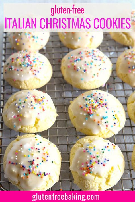 A recipe for Gluten-Free Italian Christmas cookies? YES! Also known as Anginetti Cookies, these cookies are DAIRY-FREE! Soft and tender. The finished cookies are finished with a lemon glaze and sprinkles. Just like grandma used to make! Gluten Free Italian Christmas Cookies, Anginetti Cookies, Gluten Free Christmas Cookies, Gluten Free Italian, Italian Christmas Cookies, Gluten Free Holiday, Gluten Free Christmas, Italian Christmas, Gluten Free Sweets