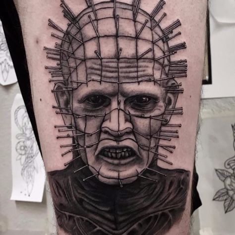 Pinhead Tattoo, Horror Sleeve, Medium Tattoos, Horror Movie Tattoos, Horror Tattoos, Movie Tattoo, Movie Tattoos, Sick Tattoo, Explore Tattoo