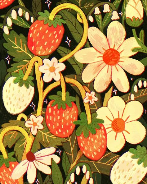 WE LOVE STRAWBERRIES!! So fun to draw!! Strawberries On Vine Drawing, Strawberry Drawings, Berry Drawing, Strawberry Folk Art, Strawberry Plant Drawing Simple, Strawberry Plant Drawing, Strawberry Plant Painting, Strawberry Garden Illustration, Strawberry Painting