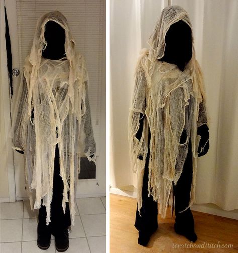 Creepy Ghost Costume DIY - scratchandstitch.com Easy Last Minute Costumes, Cheesecloth Ghost, Ghost Costume, Last Minute Costumes, Cheese Cloth, Holiday Projects, Safety Pin, Cloak, Black Fabric