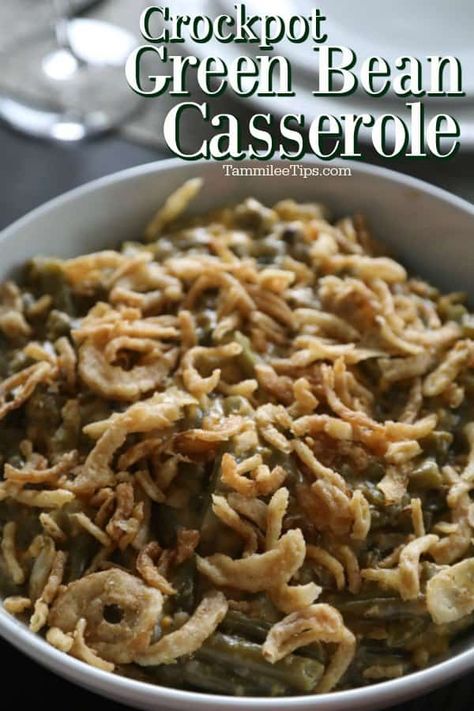 How to make delicious easy Crockpot Green Bean Casserole! This slow cooker side dish is perfect for the holidays! So easy to make in the crock pot with canned green beans. One of the best Thanksgiving and Christmas holiday side dishes! Made with cheese, green beans, french fried onions, and cream of mushroom soup. Can also be made with frozen or fresh green beans. Crockpot Green Bean Casserole, Omnia Oven, Rv Recipes, Crockpot Green Beans, Green Bean Casserole Crock Pot, Slow Cooker Green Beans, Green Bean Casserole Recipe, Green Beans Mushrooms, Crockpot Casserole