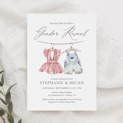 Boho Watercolor Baby Clothes Gender Reveal Invitation Editable Blank Gender Reveal Elegant Party, Gender Reveal Invitations Template Free, Closet Gender Reveal, Gender Reveal Invitation Ideas, Baby Gender Reveal Party Ideas, Gender Reveal Invites, Polo Baby Shower, Baby Gender Reveal Ideas, Gender Reveal Ideas For Party