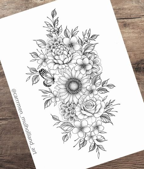 Pretty Floral Sleeve Tattoo, Miscarried Flower Tattoo, Tattoos And What They Mean, Floral Bouquet Half Sleeve Tattoo, Flower Half Sleeve Tattoos For Women Floral Art Designs, Daisy And Mandala Tattoo, Rose And Daisy Tattoo Half Sleeves, Sleeve Tattoo Stencil, Floral Bible Verse Tattoo