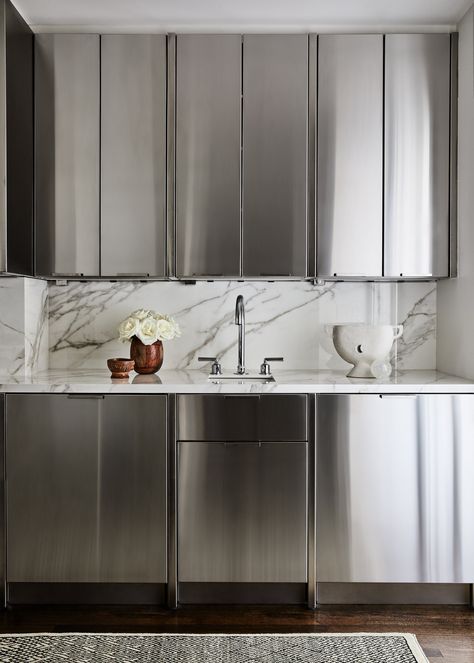 Stainless Steel Kitchen Design, Park Avenue Apartment, Jeremiah Brent, Stainless Kitchen, Dark Wood Floors, Elegant Chair, Park Avenue, Steel Kitchen, Stainless Steel Kitchen