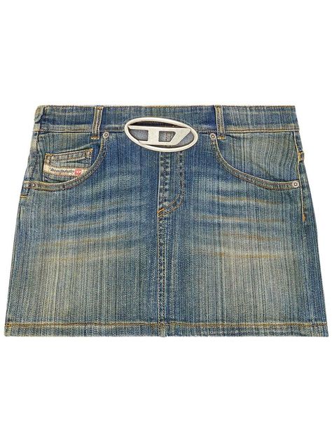 blue regenerative cotton blend denim faded effect mid-rise silver-tone logo plaque belt loops side zip fastening slip pockets to the sides coin pocket logo patch to the side thigh-length straight hem Diesel Skirt, Diesel Skirts, Diesel Logo, Style Inspiration Casual, Pocket Logo, Diesel Jeans, City Dress, Dolce E Gabbana, Summer Beach Wear