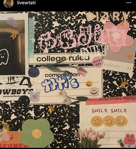 Decorated composition notebook for random thoughts, im literally addicted to them, i cant stop adding stickers Composition Notebook With Stickers, Decorated Composition Notebooks, Decorated Composition Books, Girl School Essentials, Composition Notebook Aesthetic, Notebook Decoration, School Notebooks, Notebook Stickers, Composition Book