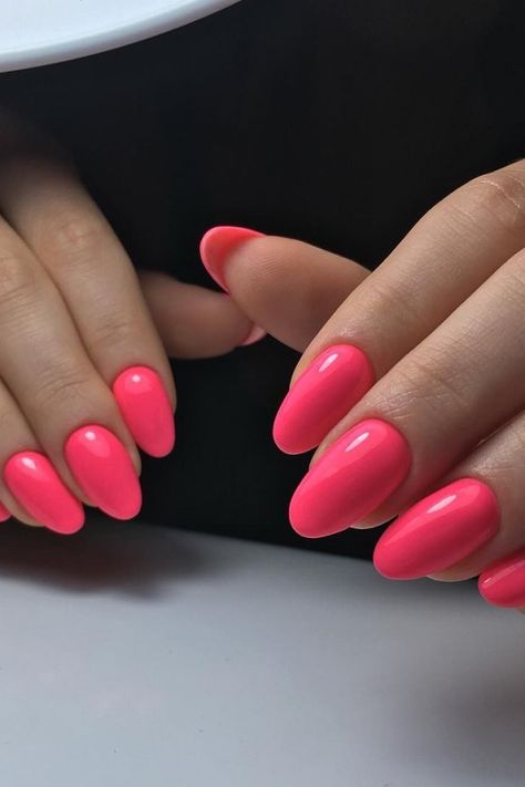 Hot Pink Oval Nails, Hot Pink Long Nails, Hot Coral Nails, Sabrina Nails, Valentines Day Nails Designs, 2024 Manicure, Pink Long Nails, Pink Oval Nails, Clean Makeup Look