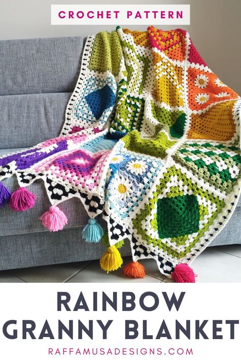 a crocheted granny square blanket displayed on a couch Multi Colored Granny Squares, Diamond Granny Stitch, Scrap Granny Square Blanket, House Granny Square, C2c Granny Square Blanket, Crochet Infinity Scarf Free Pattern, Crochet Sampler Blanket, Quick Crochet Blanket, Hekel Patrone