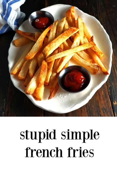 Stupid Simple French Fries are your easy, no brainer oven baked non-fussy answer to bagged, frozen fries! They taste better, so fresh, and are a fraction of the cost. Best of all, no additives or waste.     #frenchfries #EasyFrenchFries #StupidSimpleFrenchFries #OvenFries #BakedFries via @frugalhausfrau Diy Frozen French Fries, French Fries In The Oven, Fresh French Fries, Frozen Fries, Oven Fries, Homemade French Fries, Frozen French Fries, Sheet Pans, Baked Fries