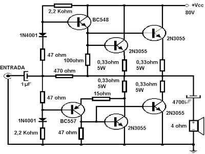 Amplificadores de audio: Amplificador transistorizado de 90 W Mini Amplifier, Hifi Amplifier, Diy Amplifier, Hobby Electronics, Subwoofer Amplifier, Electronic Schematics, Audio Amplifiers, Electronic Circuit Projects, Electronic Circuit