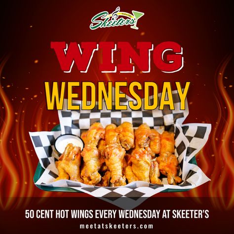 It's WING WEDNESDAY at Skeeter's BarandGrill! Enjoy our $0.50 signature wings when we open at 3 pm! #MeetAtSkeeters #WingWednesday Wing Wednesday, Gulfport Mississippi, Bar And Grill, 2 Am, We're Open, Hot Wings, 3 Pm, Bar Grill, 50 Cent