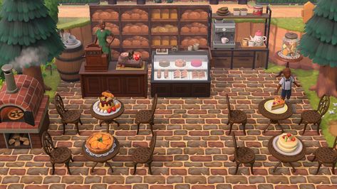 Bread Shop Animal Crossing, Animal Crossing Outdoor Bakery, Food Court Animal Crossing, Acnh Bakery Designs Outside, Outdoor Bakery Acnh, Acnh Outdoor Restaurant Ideas, Outdoor Cafe Animal Crossing, Acnh Outdoor Coffee Shop, Acnh Outdoor Restaurant Designs