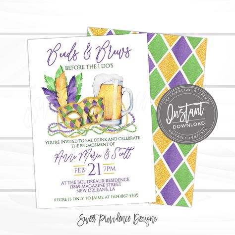 Mardi Gras Engagement Party Invitation, Editable Engagement Party Celebration template, Beads and Brews before I do Printable Instant Access by SweetProvidence on Etsy Mardi Gras Engagement Party, Mardi Gras Invitations, Celebration Invitations, Fox Wedding, Card Inspo, Name Place Cards, Engagement Parties, Mardi Gras Party, Tent Cards